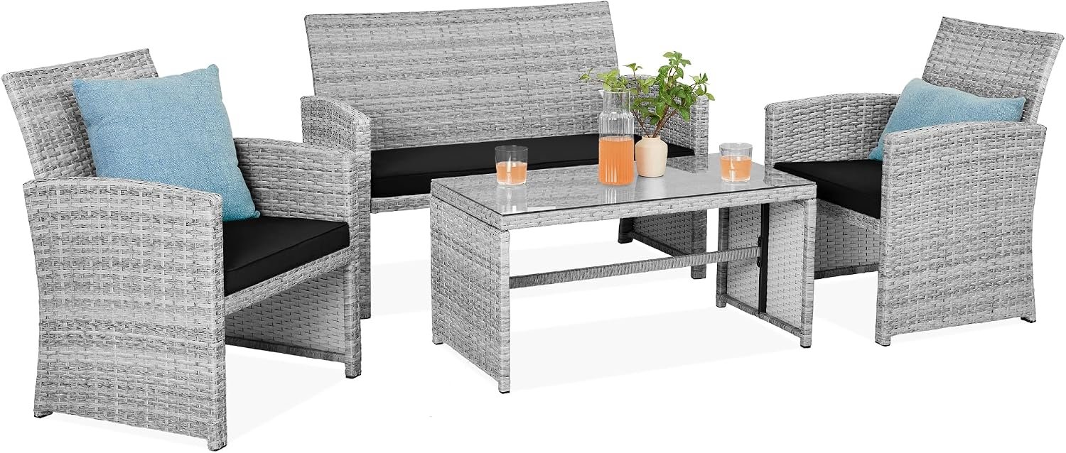 Best Choice Products 4-Piece Outdoor Wicker Patio Conversation Furniture Set for Backyard w/Coffee Table, Seat Cushions – Gray/Black