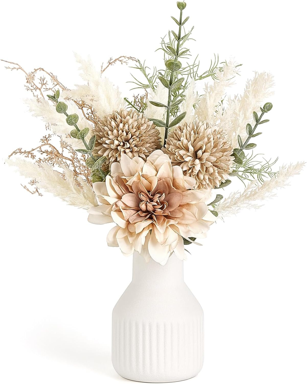 Mkono Fake Flowers in Ceramic Vase, 12.5″ Coffee Table Centerpieces, Brown | Table Decor with vase, Small Silk Faux Artificial Flower Arrangements, Fits Bathroom Dining Room Kitchen Home Indoor Decor