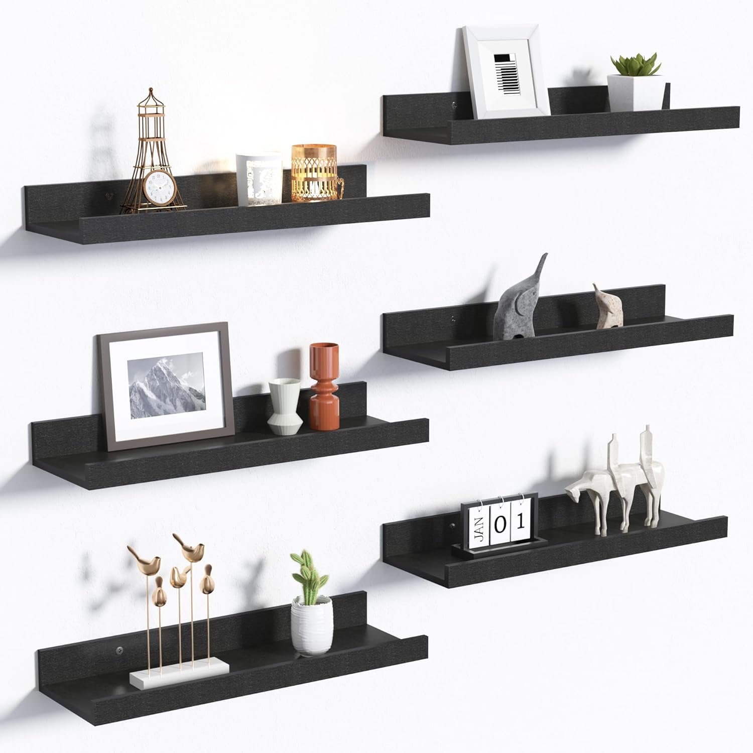 upsimples Floating Shelves for Wall Decor and Storage, Black, 6Pcs 15.7” | Wall Mounted Wood Shelves for Living Room, Bedroom, Bathroom, Kitchen, Office, Laundry Room Display and Organize