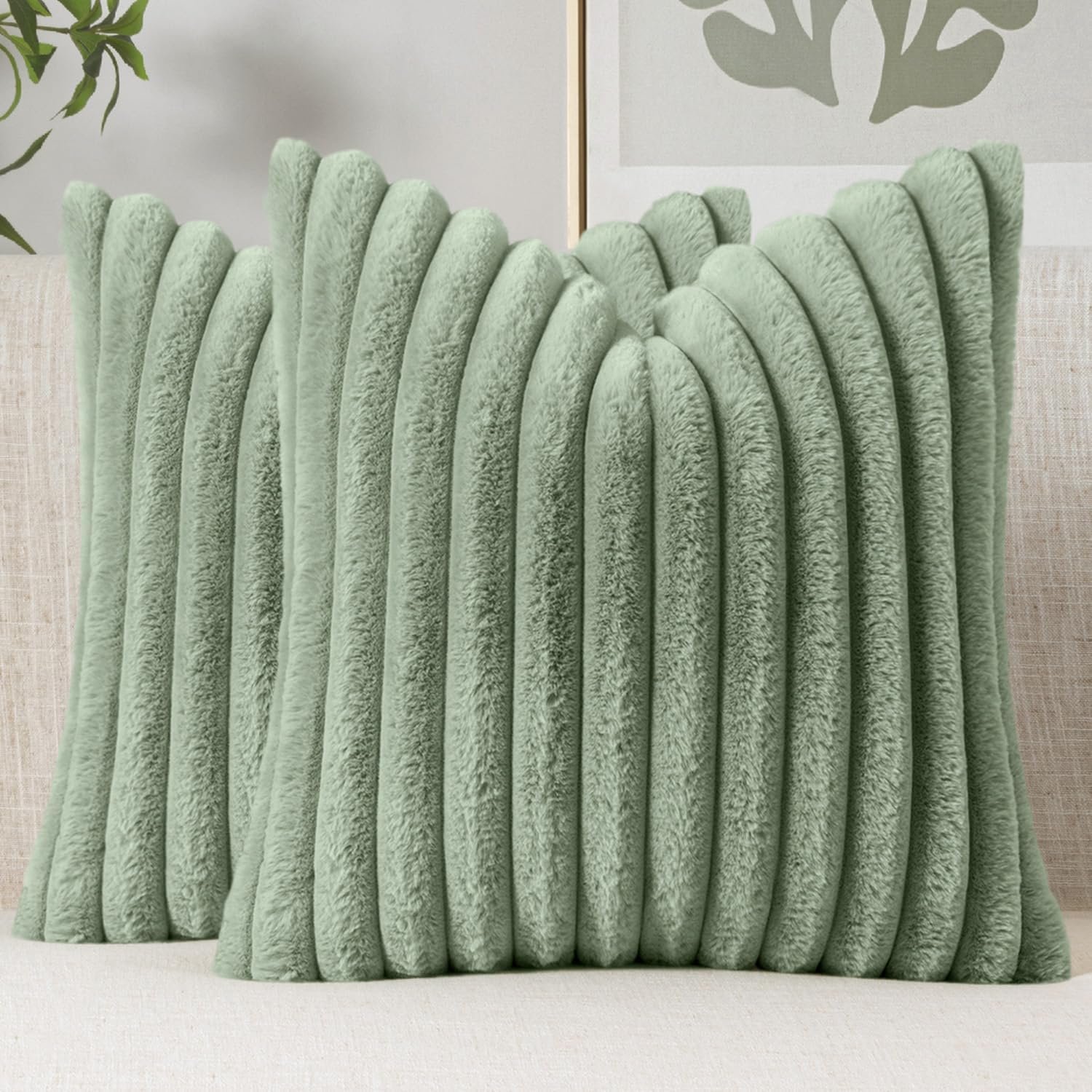 MIULEE Faux Fur Decorative Throw Pillow Covers 18×18 Set of 2 Sage Green | Modern Soft Plush Couch Pillows, Cozy Fluffy Cushion Covers for Sofa Bed Living Room Home Decor