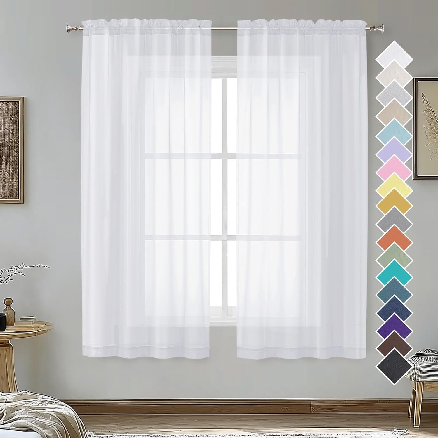 White Sheer Curtains 63 inch Length 2 Panels for Bedroom Living Room, Light Filtering Dual Rod Pocket Voile, Each 42 Width by 63 Length.