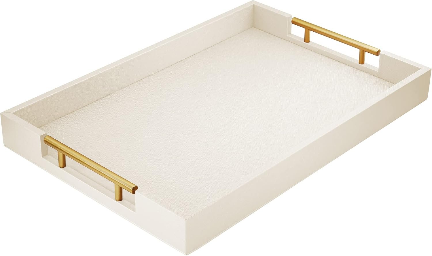 ATZYmolin 17″x12″ Leather Serving Tray, Gold Handle Vanity Platter, White | Rectangle Ottoman Decor Tray, Polished Metal Handles, Coffee Table Bathroom Home Decorative Wood Tray