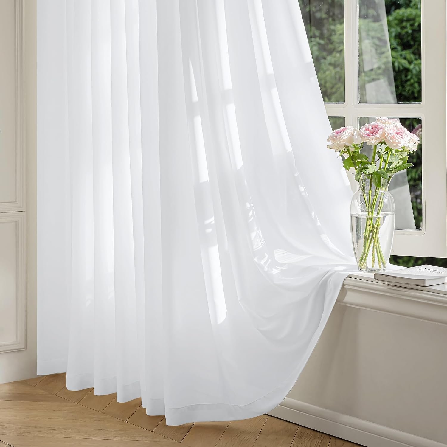 FMFUNCTEX White Sheer Curtains, 84 Inch, Rod Pocket, 2 Panels for Bedroom | White Semi Sheer Airy Drapes for Living Room, Faux Silk, Light Filtering for Privacy Without Blocking Natural Light