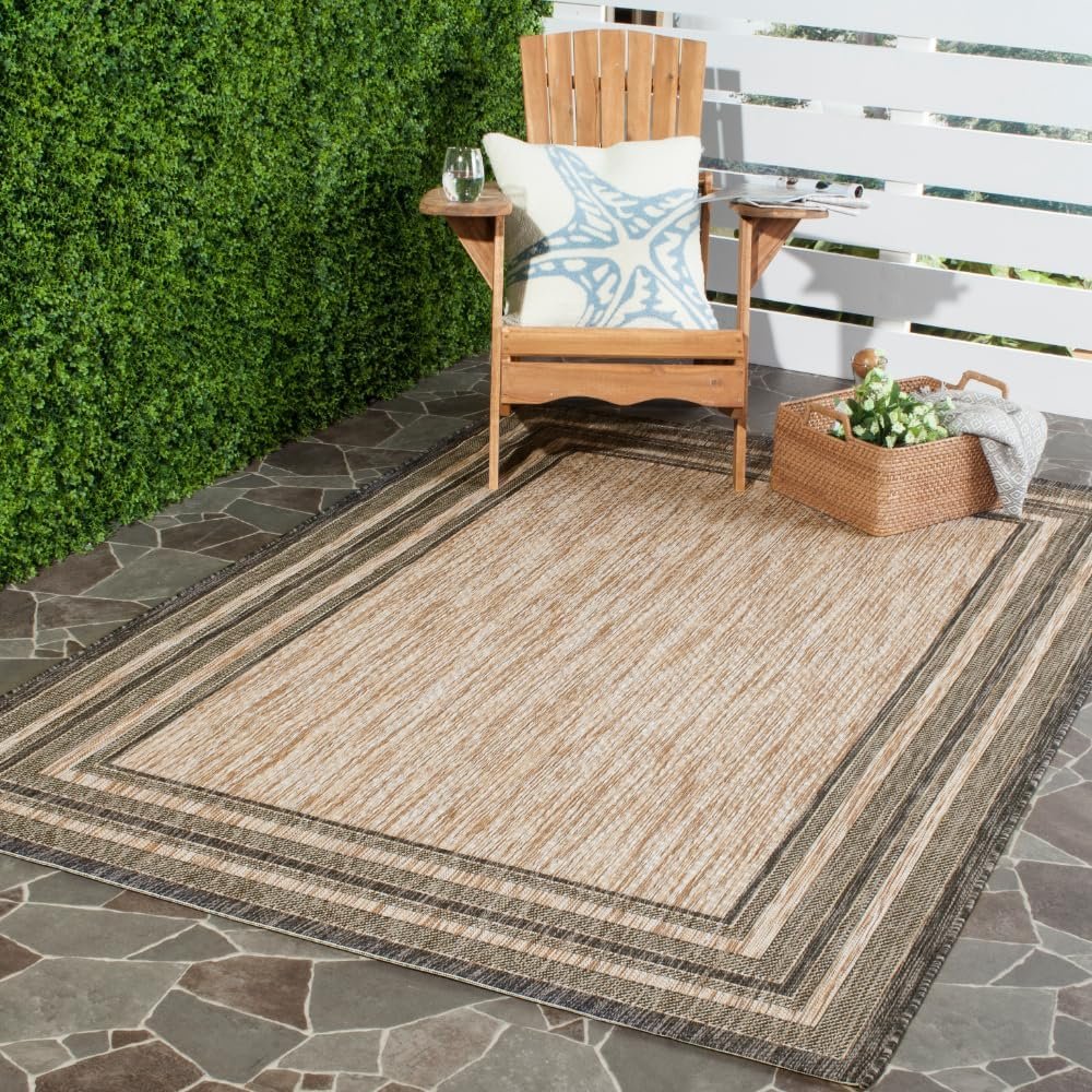 SAFAVIEH Courtyard Collection 4′ x 5’7″ Natural / Black CY8475 Indoor/ Outdoor Waterproof Easy-Cleaning Patio Backyard Mudroom Accent-Rug