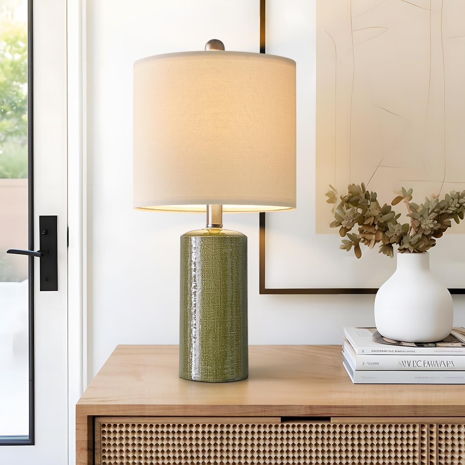 G-SAFAVA 20.25″ Small Single Table Lamp for Bedroom Modern Ceramic Nightstand Lamp Farmhouse Bedside Lamp Boho Living Room End Side Table Lamp, Green