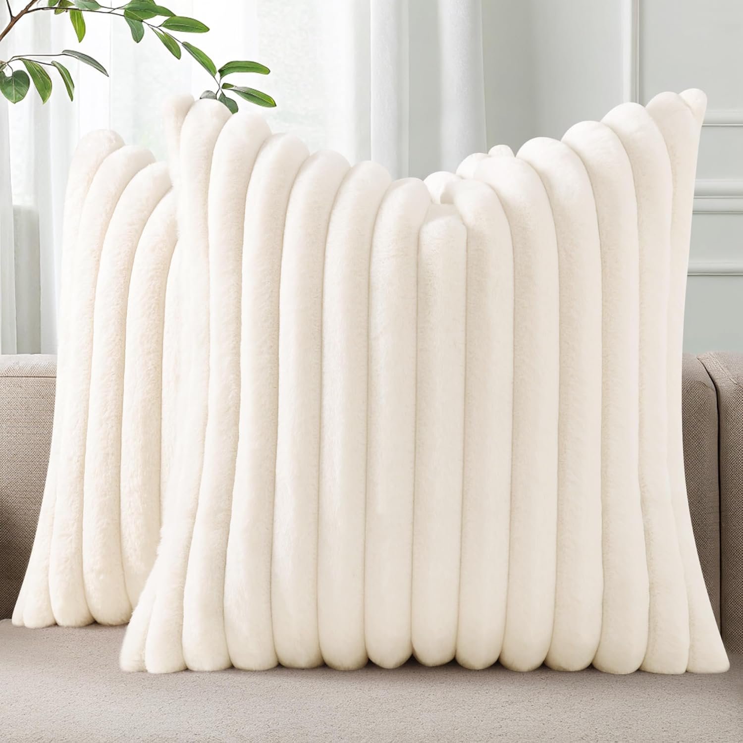 Pallene Faux Fur Decorative Throw Pillow Covers 18×18 Set of 2, Cream White | Luxury Plush Texture, Striped Design, Cozy Soft Touch, Modern Home Accent Decor for Couch, Sofa, Bed, Living Room