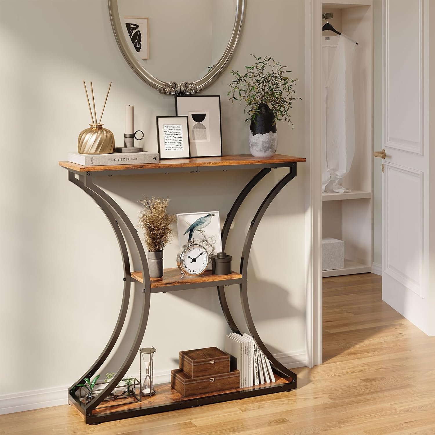HavenlyYouth Narrow Console Table for Entryway, Industrial 3-Tier Sofa Table Behind Couch, 29.5″ Height TV Stand with Storage Shelves for Living Room, Hallway, Entrance, Foyer, Rustic Brown