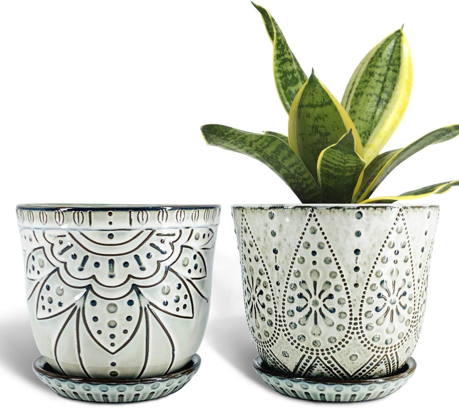 Gepege Ceramic Plant Pots, 6 Inch Indoor Planters with Drainage & Saucers | Ceramic pots for plants with drainage holes, ceramic saucers and mesh pads, ideal for flowers, herbs and succulents, set of 2