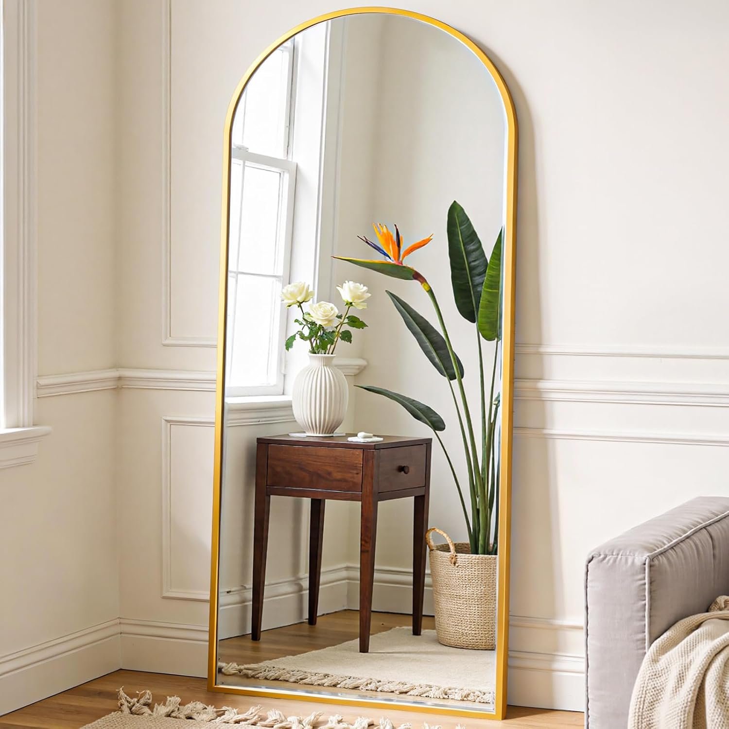 OLIXIS 64″x21.5″ Arched Full Length Mirror with Stand, Body Mirror | Shatter-Proof Glass, Hanging or Leaning for Wall, Floor Standing, Bedroom Living Room, Long, Gold