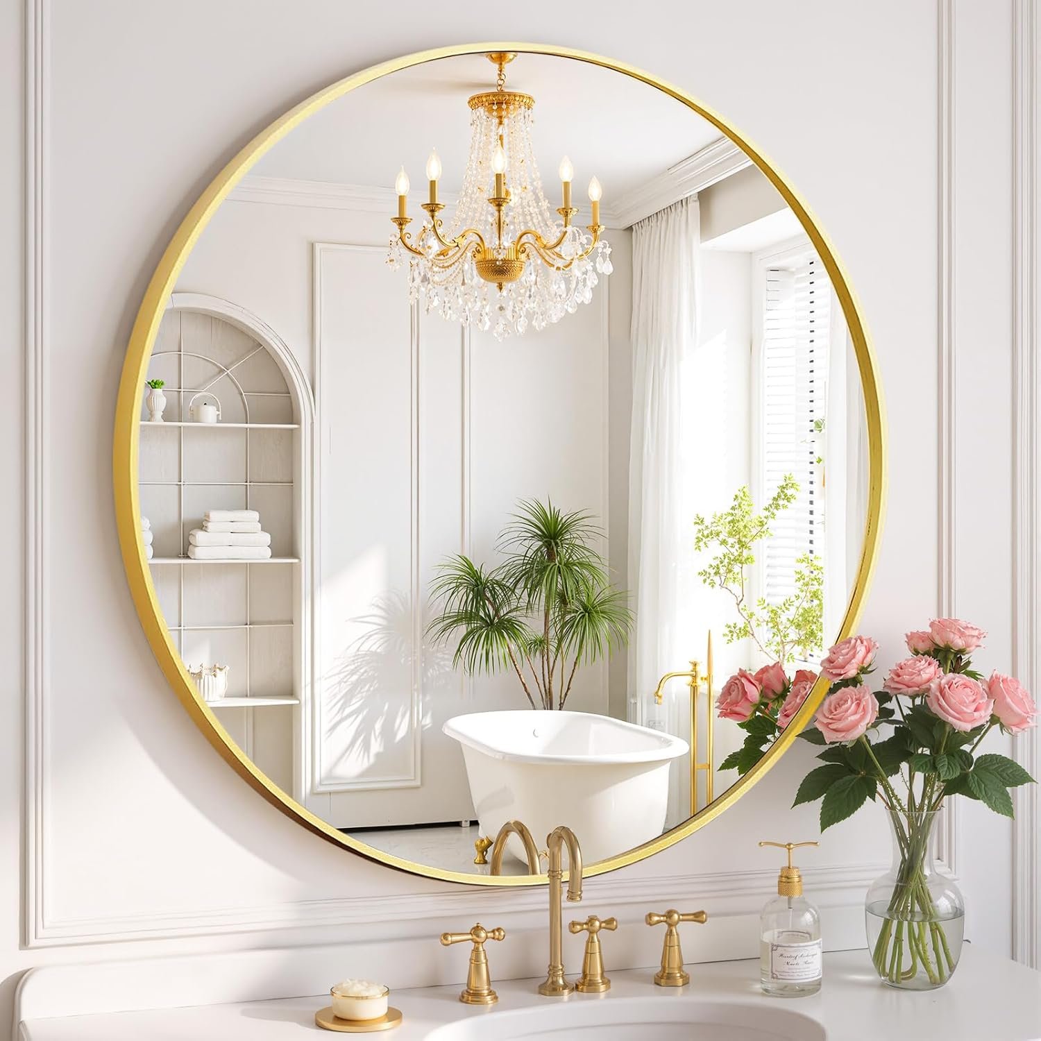 Round Wall Mirror 30 Inch Gold Vanity Mirror with Metal Frame | Modern Circle Wall Mounted Decorative Mirrors for Bathroom, Entryway, Bedroom, Living Room