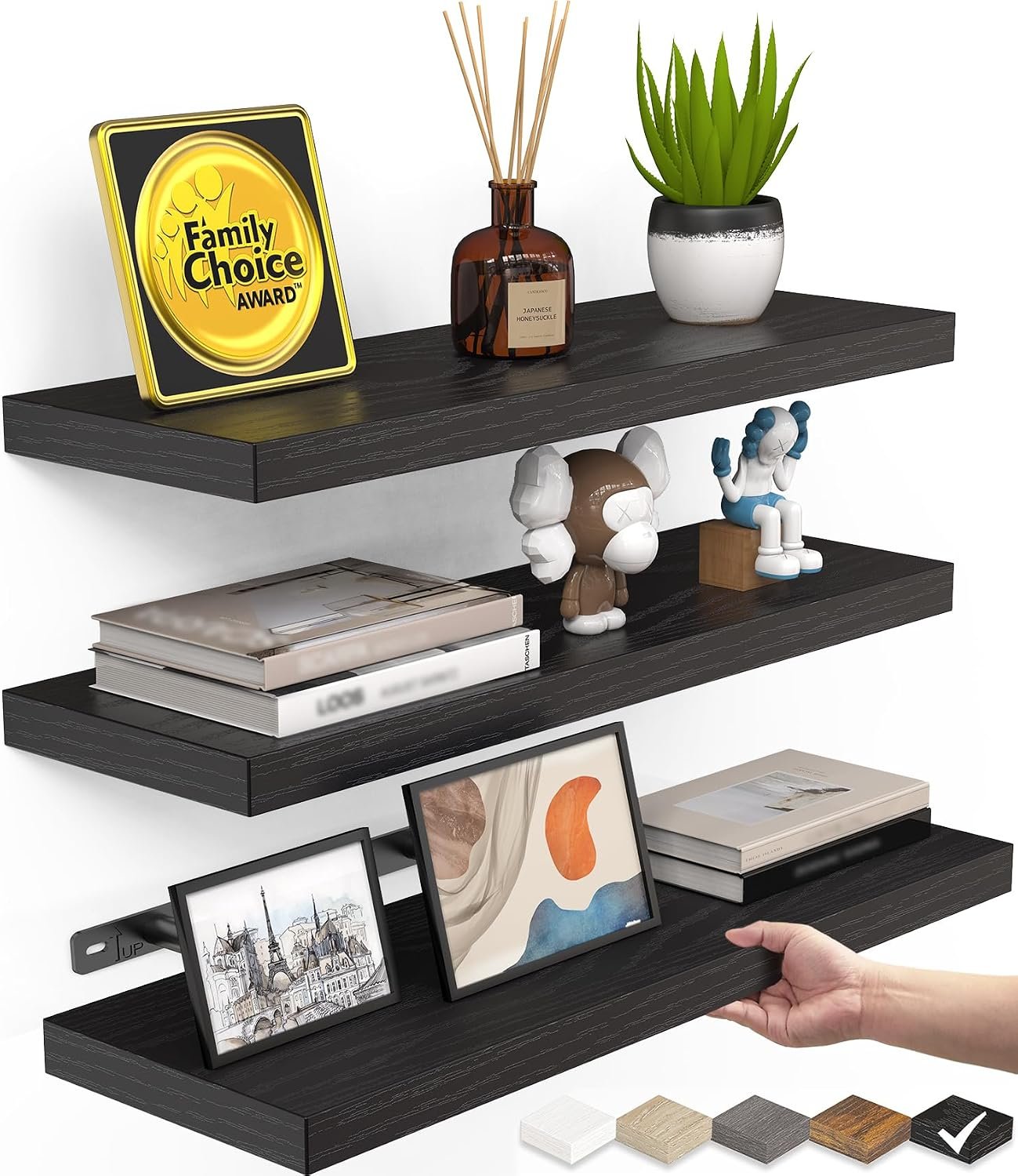 BAYKA Floating Shelves for Wall, Wall Mounted Rustic Wood Shelves for Bathroom, Bedroom, Living Room, Kitchen, Hanging Shelf for Books/Storage/Room Decor with 22lbs Capacity (Black, Set of 3, 15.7in) | Easy Install, 22lbs Max Load, Hidden Bracket, Wall Shelves for Lego Plant Nursery Dorm Laundry Display, Multi-Wall Compatible
