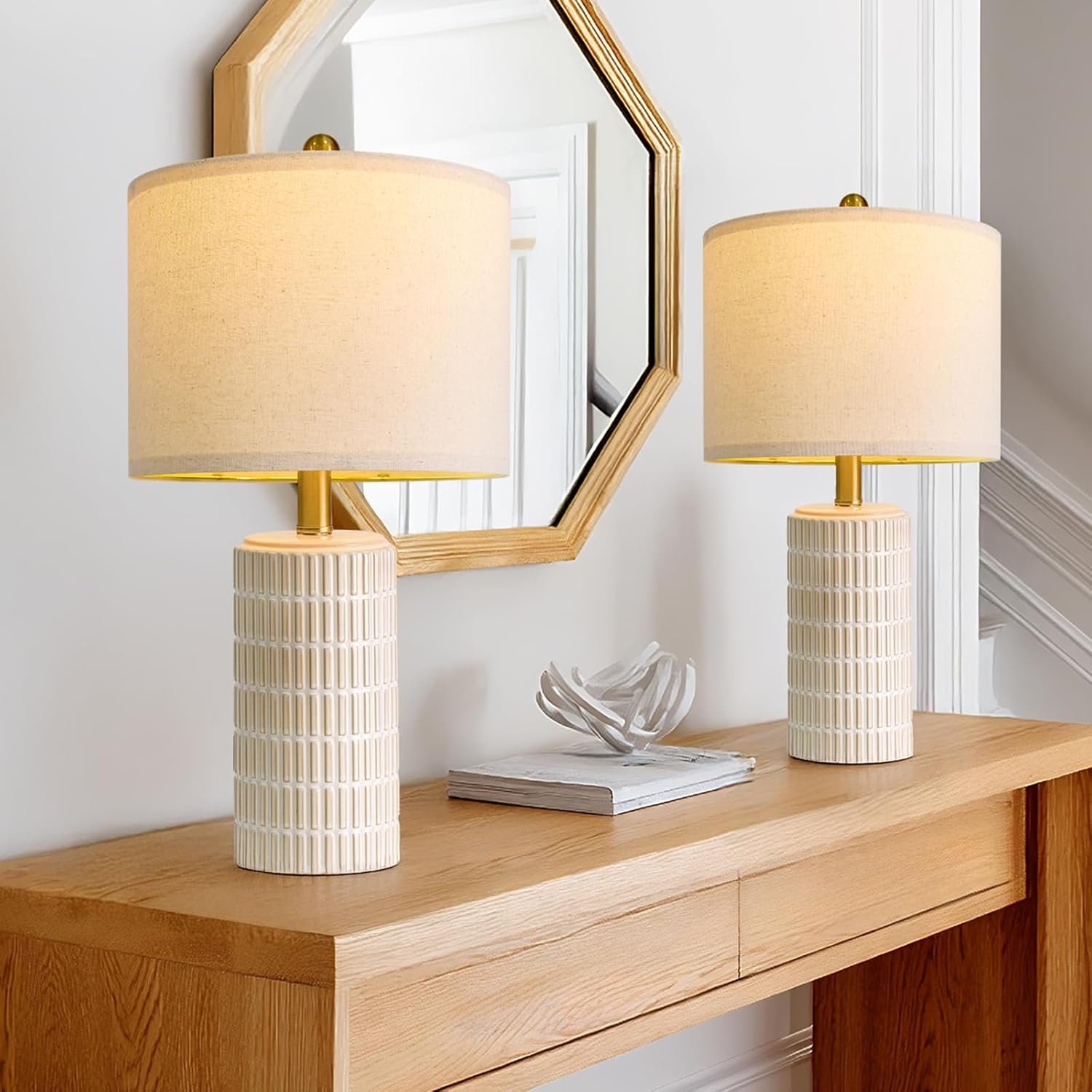 PoKat 20.75″ Small Modern Ceramic Table Lamps Set of 2 for Bedroom, White | Bedside lamps for nightstands, farmhouse home decor, end table & desk light, ideal housewarming new home gift for women mom