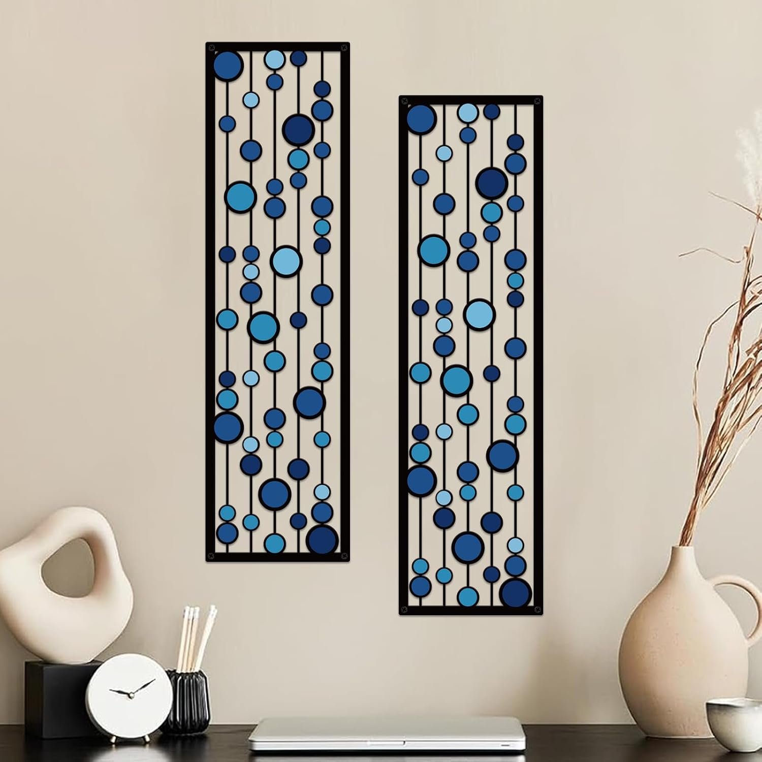 ShxTrade Geometric Metal Wall Decor, Modern Minimalist Geometric Wall Art 3D Abstract for Living Room Metal Wall Sculpture Hanging for Home Bedroom Office (Blue)