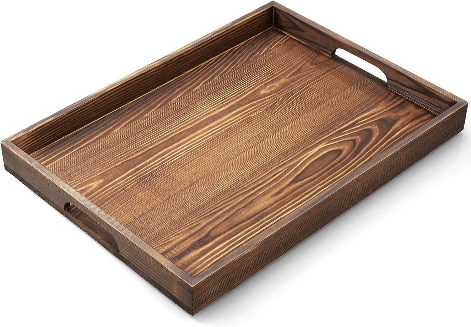 17 Inch Burnt Wood Serving Tray with Handles – Large Wooden Tray for Ottoman, Breakfast in Bed, Dinner, Coffee Table – Decorative Brown Rectangular Tray for Living Room Entryway and Kitchen Decor