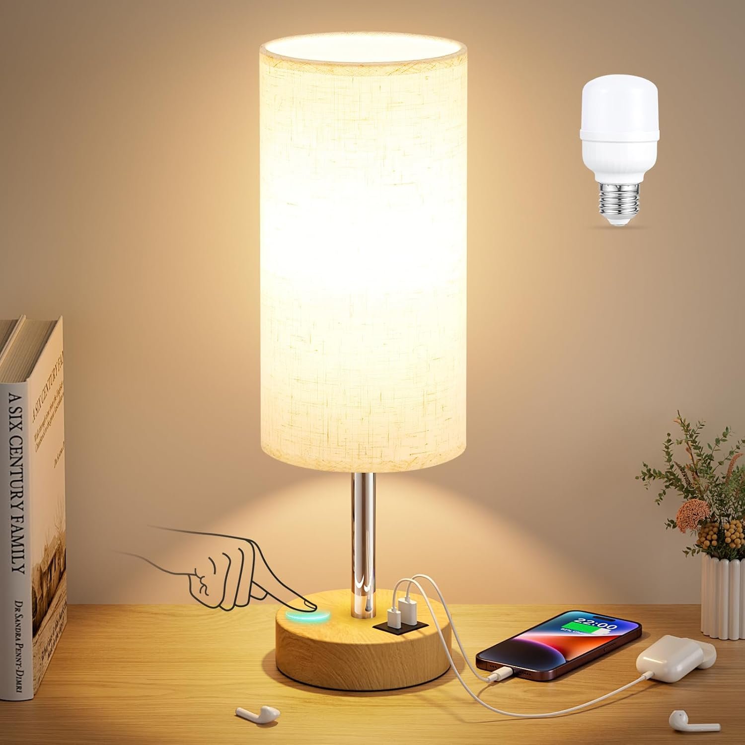 Dicoool Bedside Table Lamp for Bedroom – 3-Way Dimmable Touch Lamp, USB A+C | LED Bulb Included, 14″ Small Nightstand Lamp for Desk, Living Room, Guest Room, Cream Fabric Lampshade, Wood-Grain Metal Base