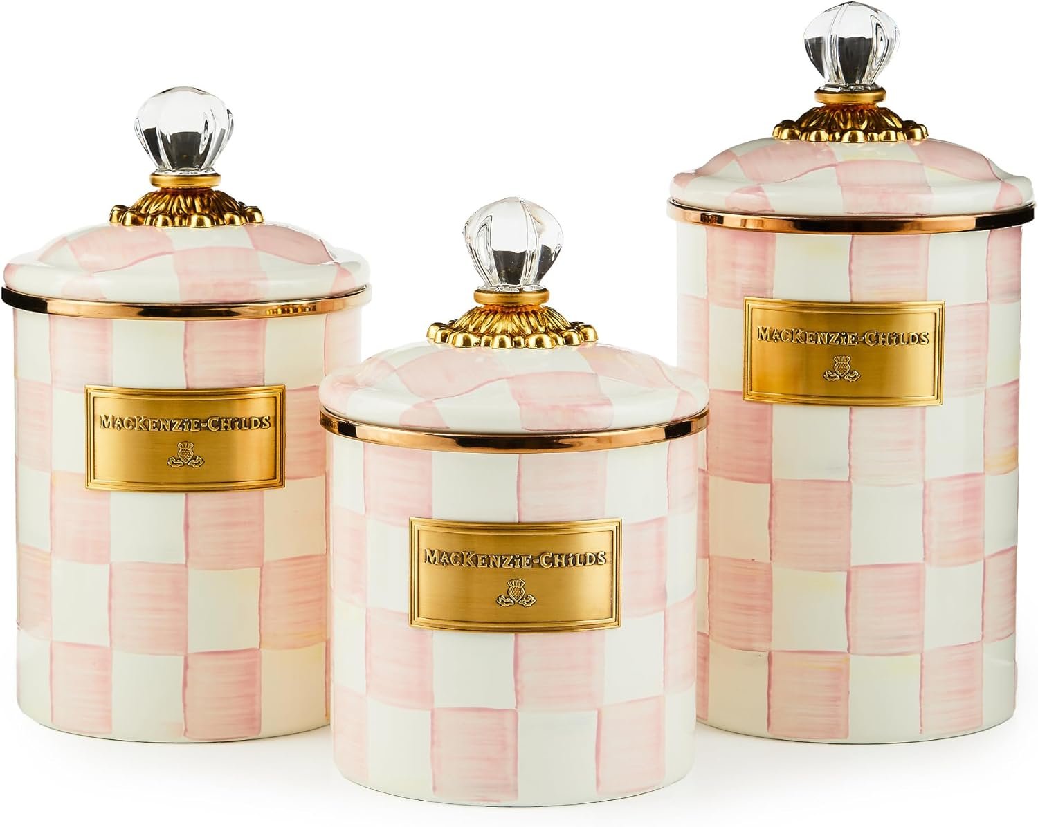 MACKENZIE-CHILDS Enamel Canister Set, Pink-and-White Rosy Check | Hand-painted design, versatile kitchen storage containers for flour and sugar, 38-, 48-, and 64-ounce capacity, set of 3