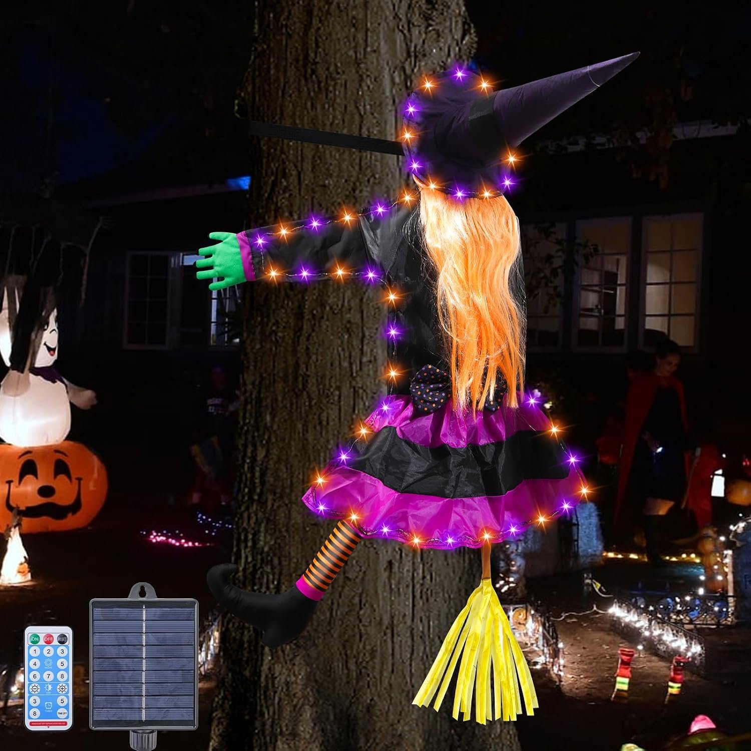 Halloween Decorations Outdoor, Solar Witch, Orange Purple | Auto Charging LED, 8 Modes, Funny Crashing Design, Weather Resistant, Tree Display, for Yard, Lawn, Porch, Patio, Garden