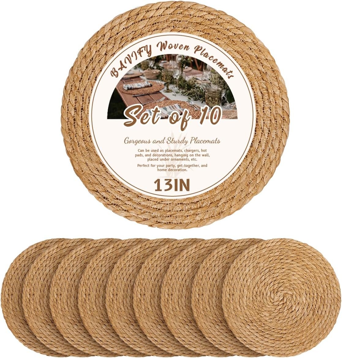 13 in Round Woven Placemats Plate Chargers Set of 10, Boho Farmhouse Rustic Woven Place Mats for Dining Table Decor, Rattan Wicker Table Mats Jute Braided Chargers for Dinner Plates | 13 Inch Place Mats Set of 10, Wicker Chargers for Dinner Plates, Boho Farmhouse Rustic Table Mats for Dining Table Decor