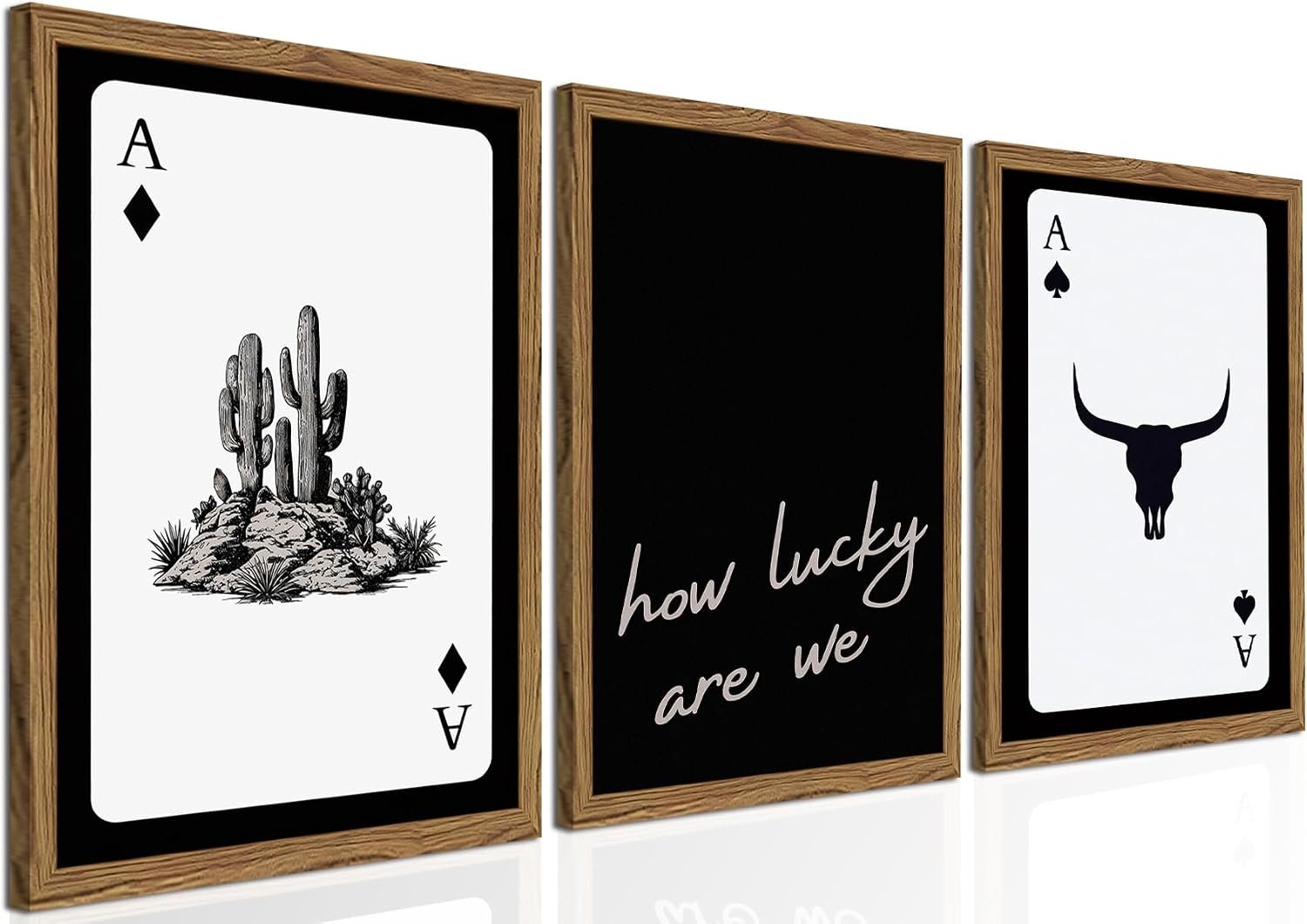 Western Wall Art Set of 3, Southwestern Cowboy Playing Card Wall Decor, Longhorn Bull Skull and How Lucky are We Poster Canvas Painting Prints for Bedroom Living Room 12×16 inch Wood Framed
