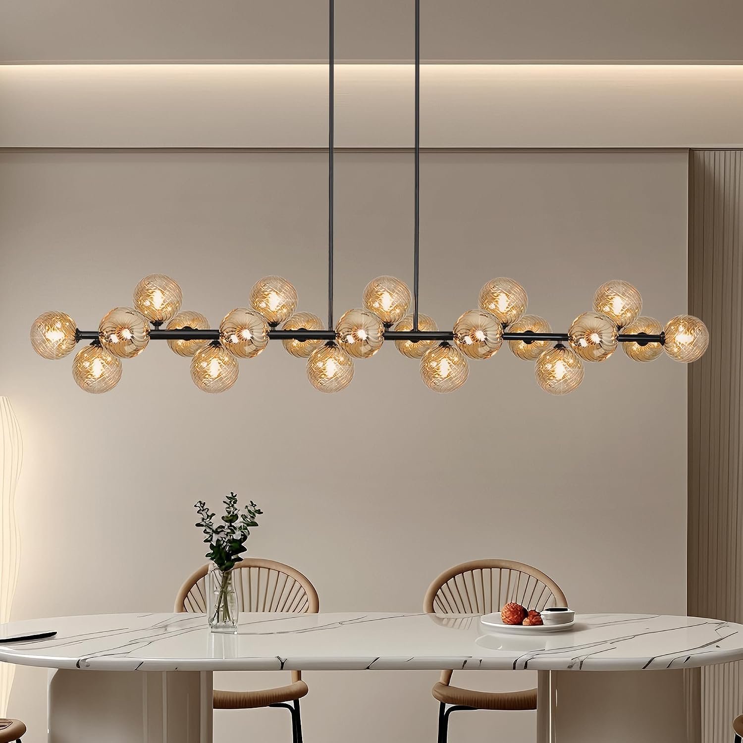 Modern Linear Chandelier 70″ Long Sputnik Pendant Light for Dining Room | 22 Lights Amber Swirled Glass Globe Sputnik Chandelier Large Linear Island Lights for Kitchen Farmhouse Chandelier Over Table