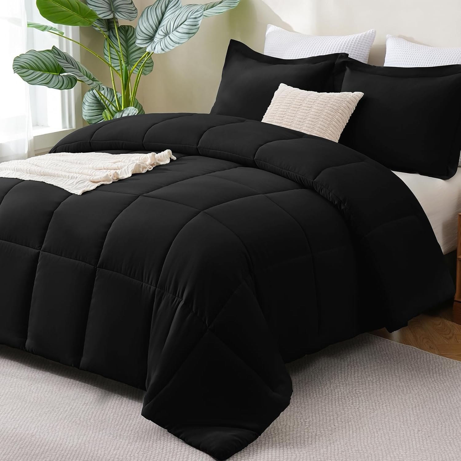 Queen Comforter Set, 3-Piece Box-Stitched, Black | 270 GSM Down Alternative Fill, 90 GSM Brushed Microfiber Shell, OEKO-TEX Certified, 88 x 88 in Comforter with 2 Pillow Shams
