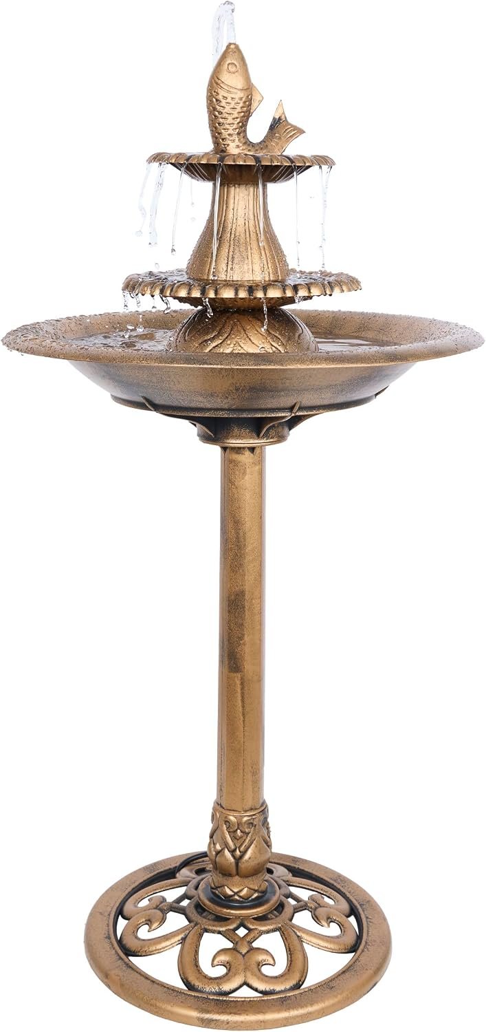 Alpine Corporation 40″ Tiered Pedestal Fish Fountain Birdbath, Cascading Outdoor Water Feature for Garden, and Backyard Décor, Gold