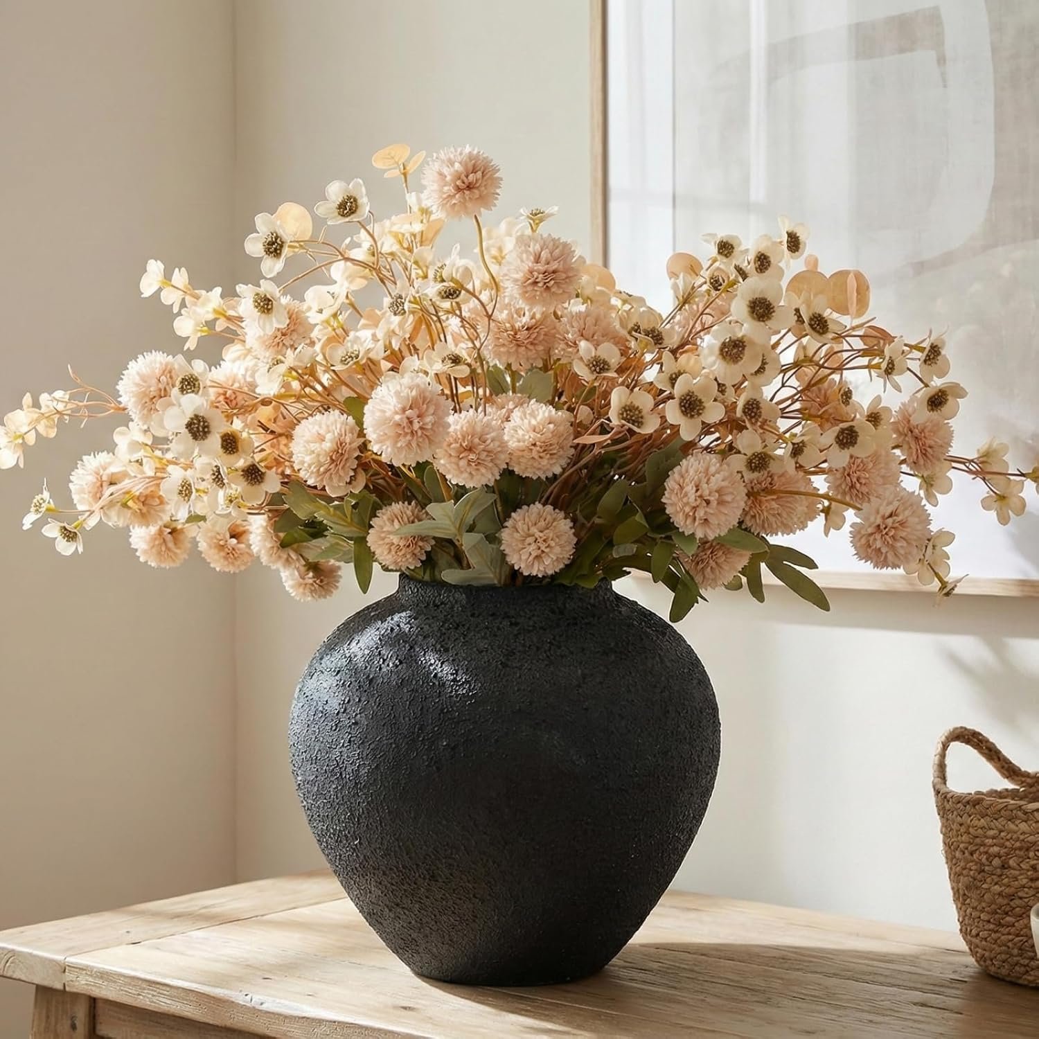 Beige Silk Flower Arrangements Decor, Large Floral Centerpieces For Tables | 22 Long Stems Fake Mums + Eucalyptus + Wild Flowers in Bulk, Artificial Flowers Coffee Dining Table Home, Faux Mums Flowers