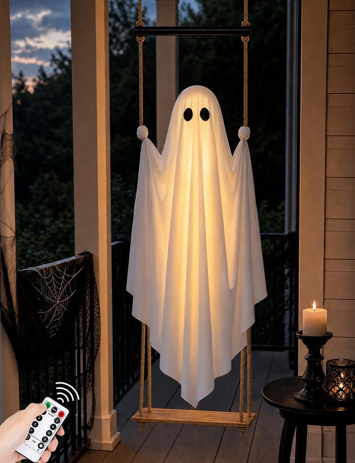 Halloween Decorations Outdoor 4.6FT Large Pre-Assembled Hanging Swing Ghost | ready-to-hang ghost,remote waterproof lights,stable&adjustable,sturdy–ideal for porches, trees, yards & entryways