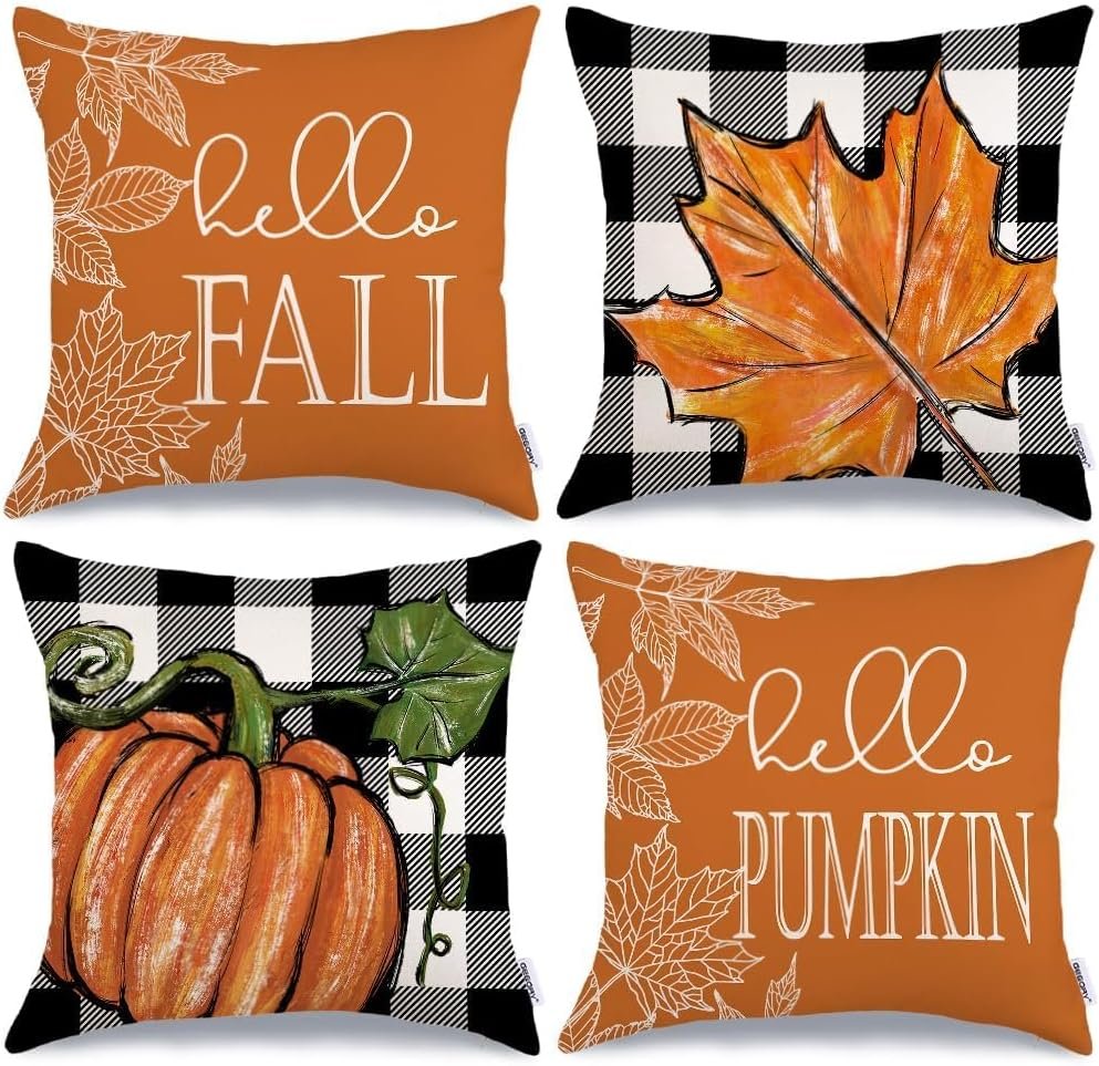 Fall Pillow Covers 18×18 Set of 4 Buffalo Check Pumpkin Home Decor | Hello Fall, Plaid Maple Leaves, Autumn Decorative Throw Pillows, Farmhouse, Thanksgiving Decorations, Orange