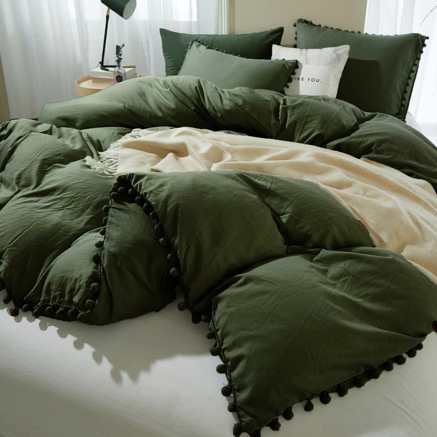ETDIFFE Dark Olive Green Queen Size Duvet Cover Set, 3 Piece, 90×90 Inch | Boho Bohemian Pom Fringe Microfiber Bed Comforter Cover Set, Soft & Lightweight Farmhouse Bedding Quilt Cover