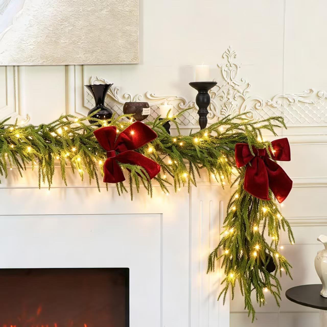 HipTree 9ft Pre-Lit Real Touch Norfolk Christmas Garland with Lights | Lighted Pine Garland for Mantle,Greenery Christmas Winter Garland with Large Burgundy Velvet Bow for Indoor Outdoor Decor