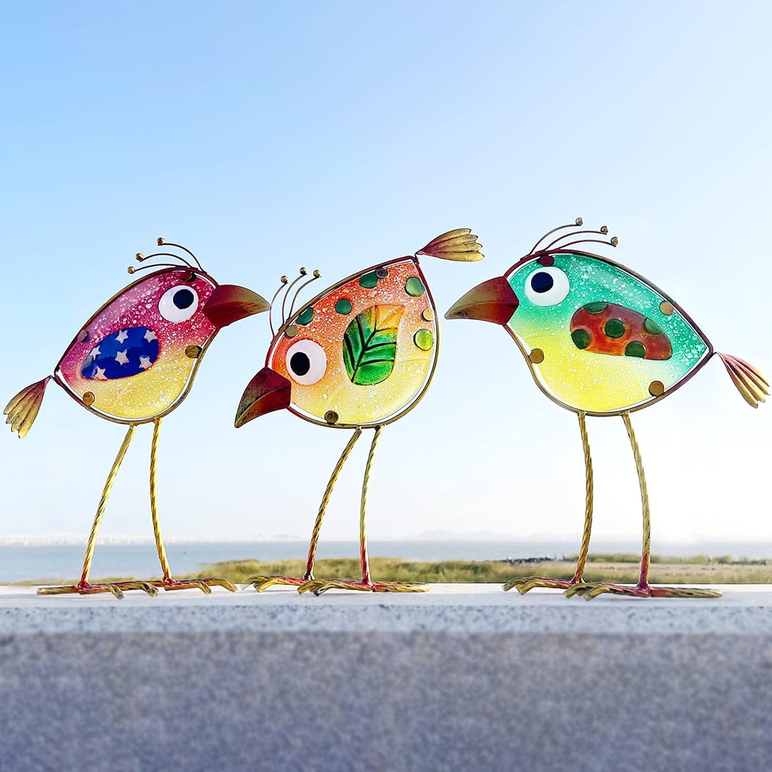 Bird Garden Decor Set of 3 Metal Glass Colorful Gift Outdoor Patio Yard Art | Bird Statue, Colorful Indoor Outdoor Garden Art, Yard Decor for Lawn Backyard, Christmas Birthday Gift for Women Mom Grandma