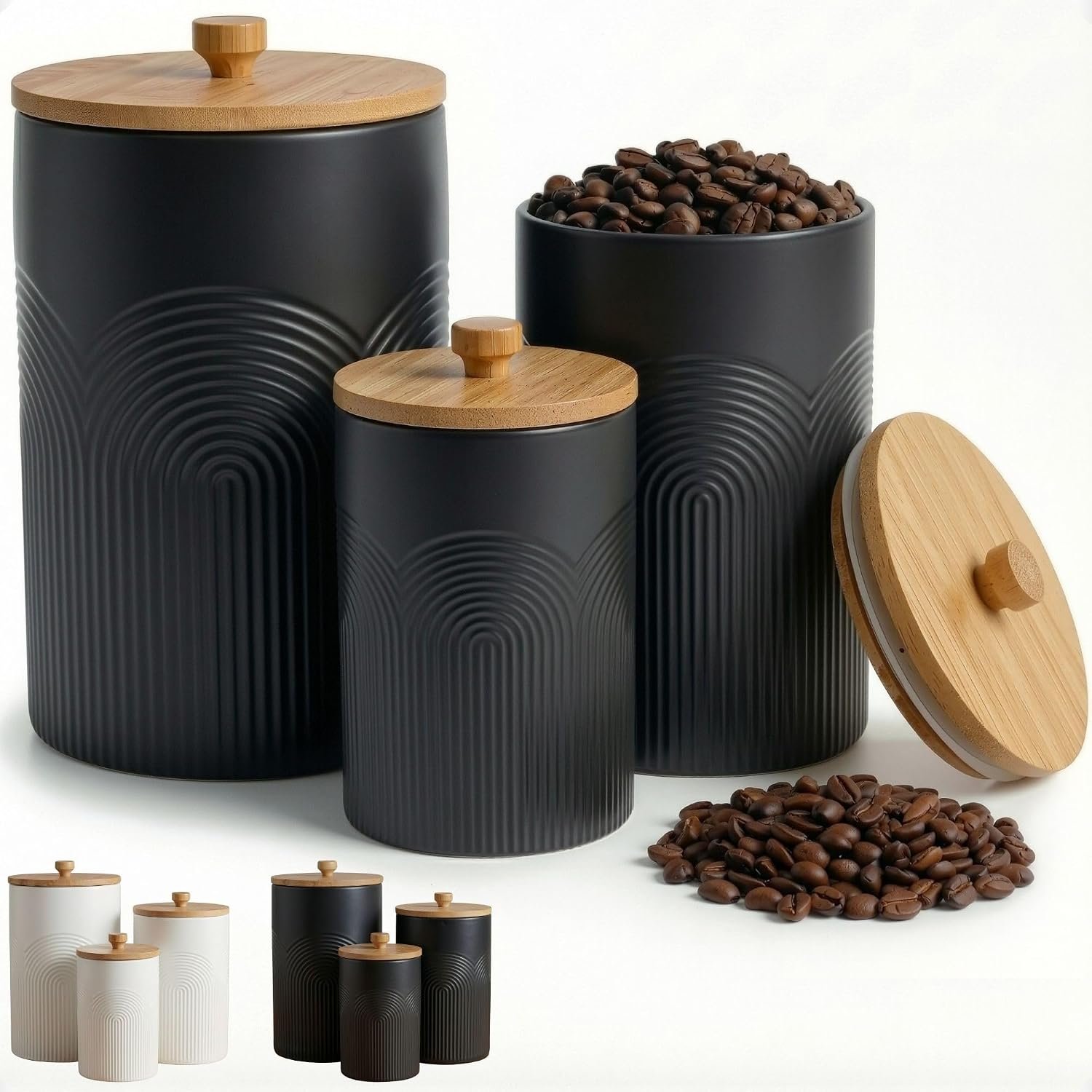 Ceramic Kitchen Canisters for Countertop Set of 3 w/ Airtight Bamboo Lids | Thick Sturdy Ceramic, Matte Finish, Airtight Easy Open Bamboo Lids, Comfortable Bamboo Handles, Jar Volumes: 2, 1, 0.5 quarts