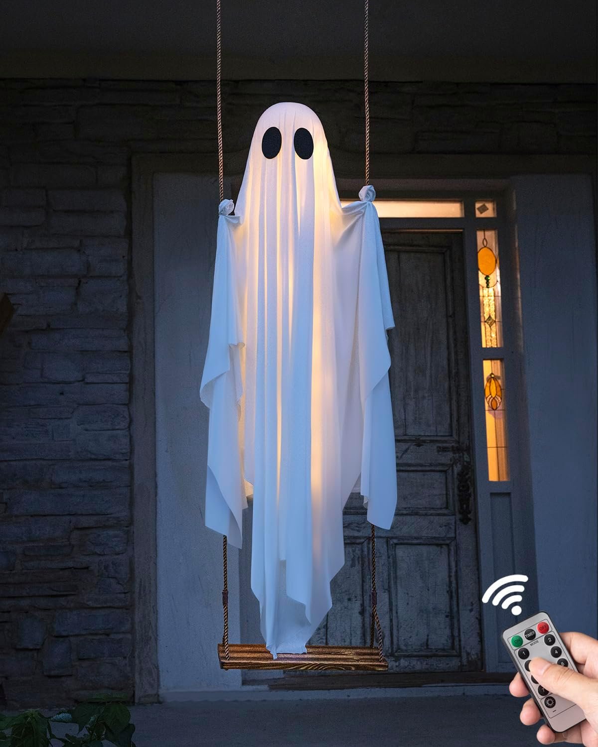 Halloween Decorations Outdoor – 5 FT Large Hanging Swing Ghost Halloween Decor with String Lights, Spooky Cute Ghosts Decorations for Front Porch Yard Tree