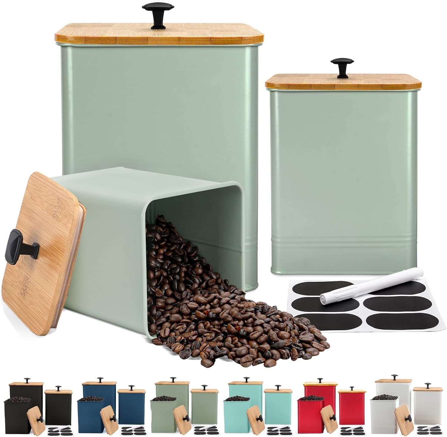 Kitchen Canisters Set of 3, Metal Flour Sugar Storage Containers with Airtight Lids-Canisters Sets for Kitchen with Customizable Chalkboard Labels & Marker Pen-Spice, Coffee Storage Jars(Saga Green)