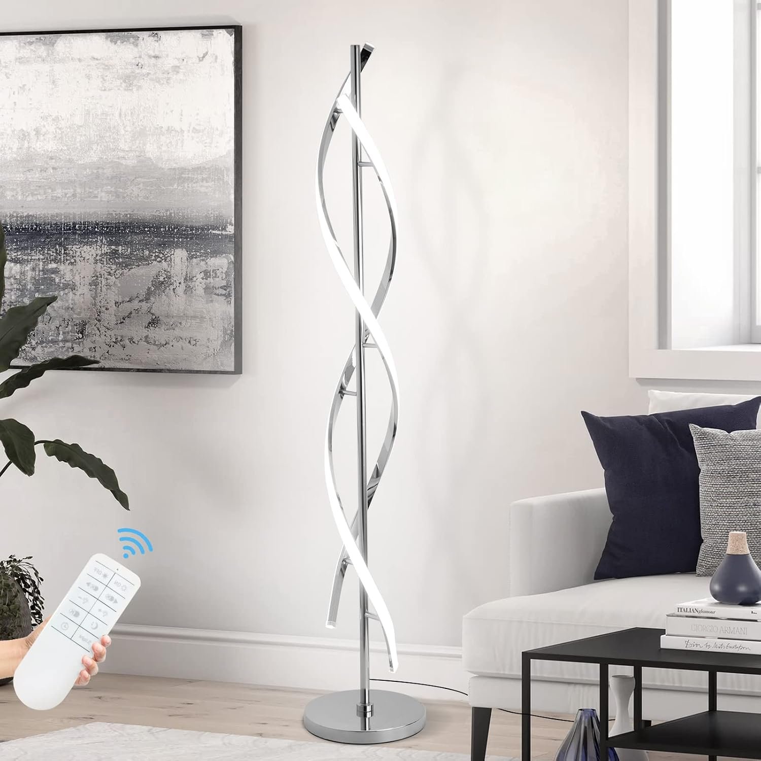 LED Modern Floor Lamp for Living Room, 40W 3 Colors Stepless Dimmable and Color-Changing Bright Floor Standing Lamp,60″ Unique Spiral Floor Tall Lamp for Bedroom Office with Remote,Chrome