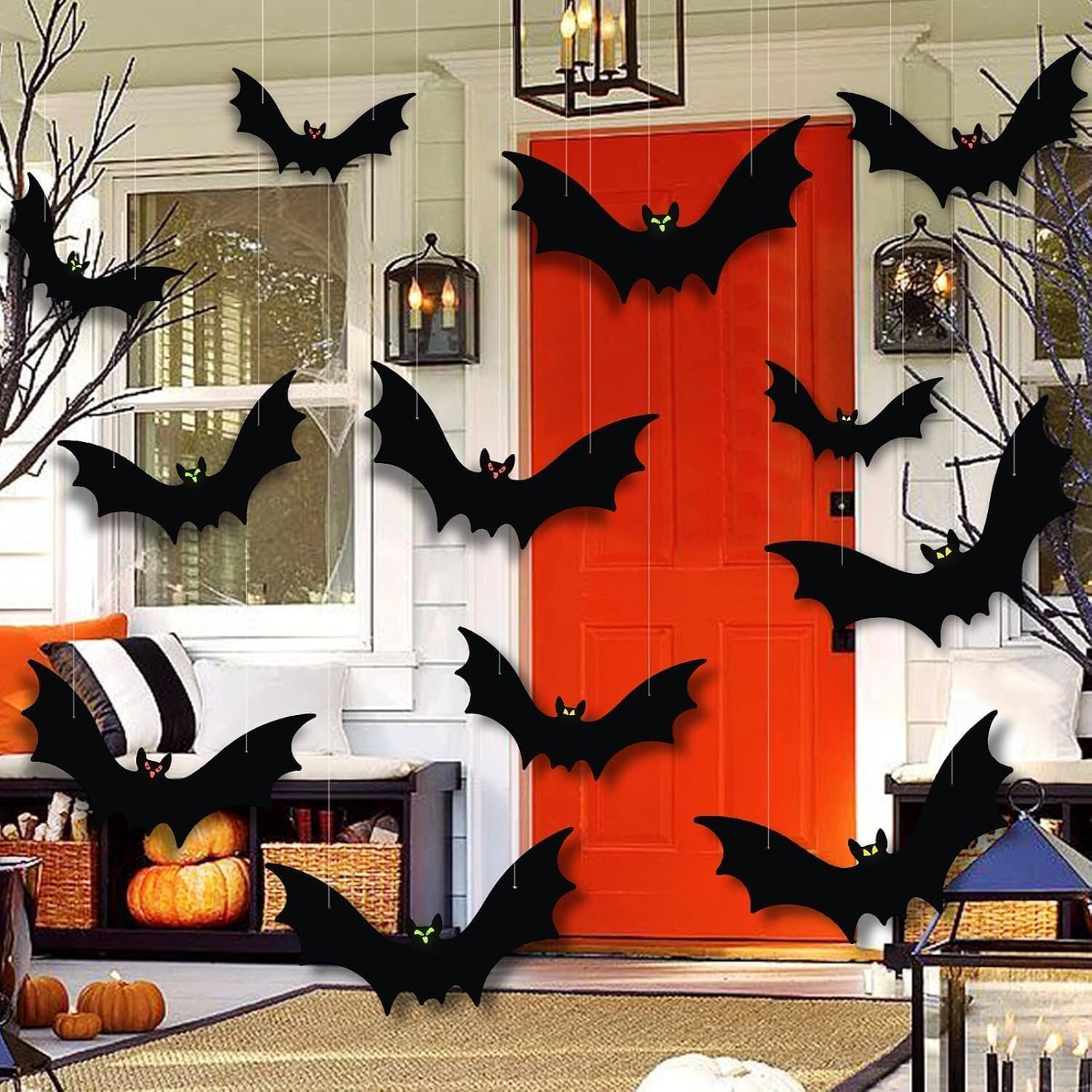 FANFX Hanging Bats Halloween Decorations 12pcs Halloween Hanging Flying Bat with Glowing Eyes for Outdoor Indoor Decor