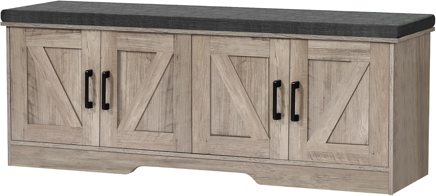 HOMSHO Farmhouse Shoe Storage Bench with 4 Barn Doors & Padded Seat Cushion | 47.2″ Wide Entryway Bench with Adjustable Shelves & Hidden Storage, Greige