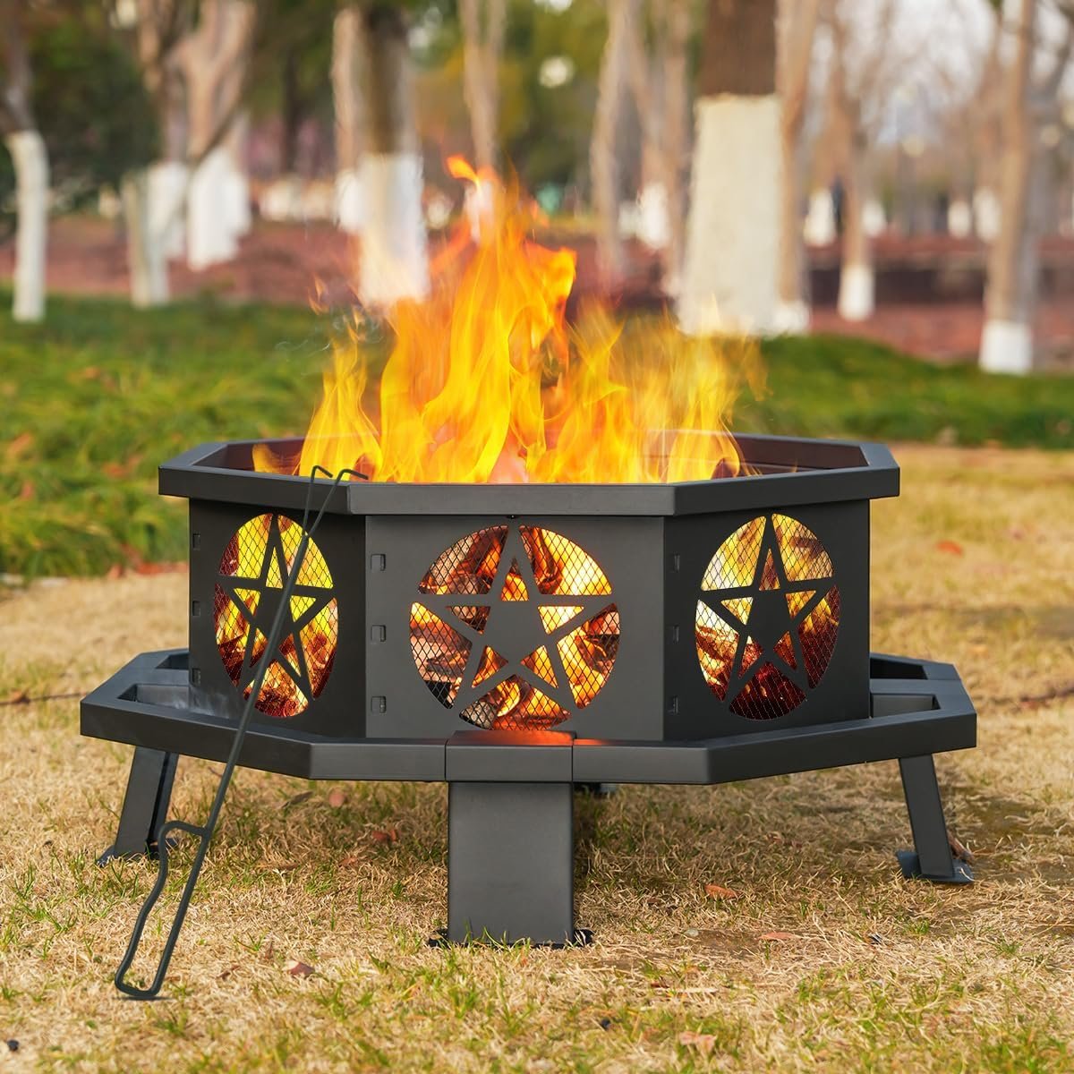 Verdeluxe 32 Inch Outdoor Octagonal Fire Pit with Fire Poker Black | Outdoor Wood Burning Fire Pits for Patio,Picnic,Bonfire,Heavy Duty Firepits for Outside Backyard Garden,Camping