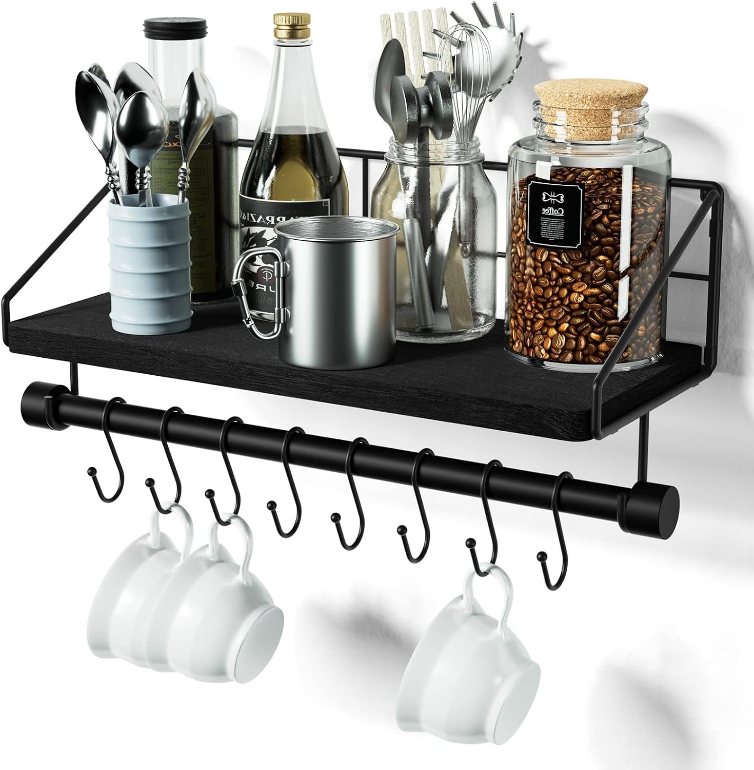 Alsonerbay Floating Shelf for Wall with Wooden Towel Bar, Black | 8 removable hooks, rustic finish, space-saving, holds utensils & mugs, easy installation, kitchen & bathroom use