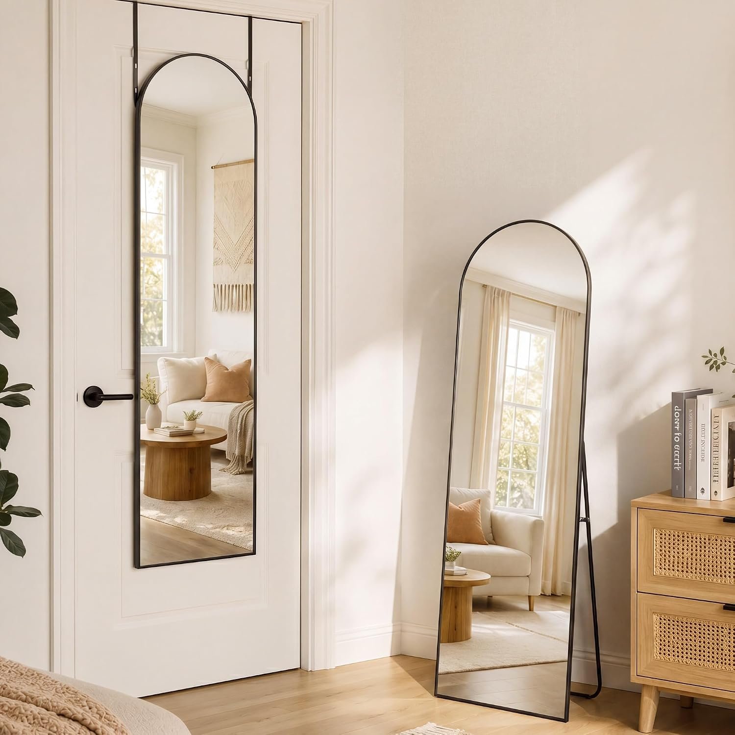 15″x 56″ Over The Door Mirror, Arched Full Length Mirror with Floor Stand | Aluminum Frame, Adjustable Hooks, Wall Mounted or Standing for Bedroom, Living Room, Bathroom, Dorm, 15″x 56″, Black