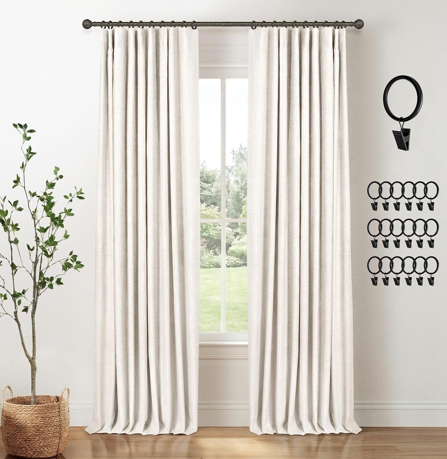INOVADAY 100% Blackout Curtains for Bedroom Black Out Curtains 84 Inch Long | Beige Curtains for Living Room 2 Panels, Clip Rings Linen Look Blackout Drapes, Thermal Insulated Room Darkening,W50xL84
