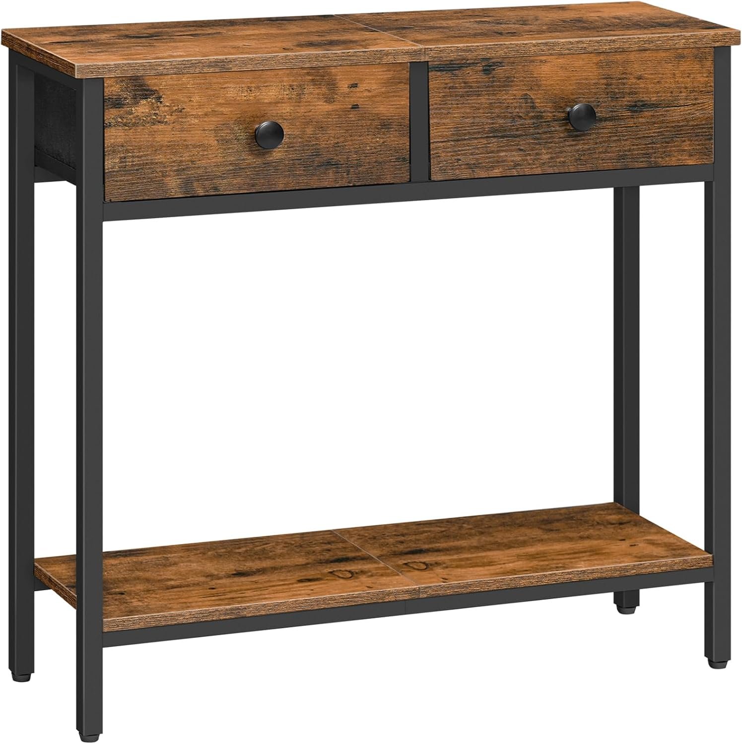 HOOBRO 29.5″ Narrow Console Table with 2 Fabric Drawers, Small Entryway Table with 2-Tier Storage Shelves, Sofa Table, Behind Couch Table, for Living Room, Hallway, Rustic Brown and Black BF71XG01