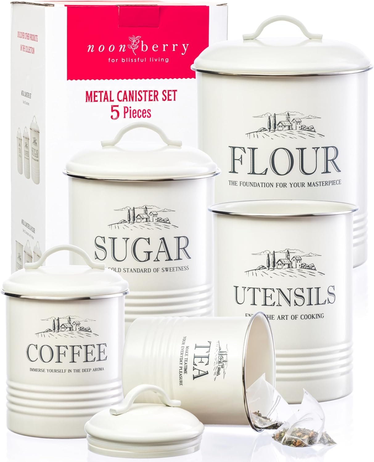5-Piece Farmhouse Kitchen Canister Sets for Kitchen Counter | Flour, sugar, coffee, tea; airtight kitchen canisters for countertop plus utensil holder; metal; gift-ready; cream white