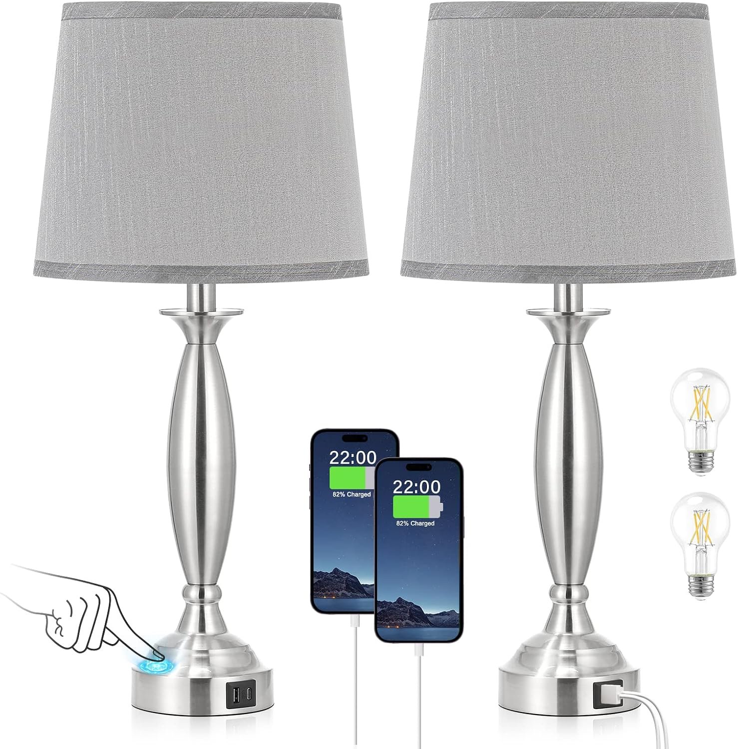 Bedroom Lamps for Nightstand, 3 Way Dimmable Silver Bedside Lamps with USB | Touch, USB C+A Ports, Bulb Included, Gray Shade, Silver, Chrome, Bed Side lamps for Night Stands, Living Room