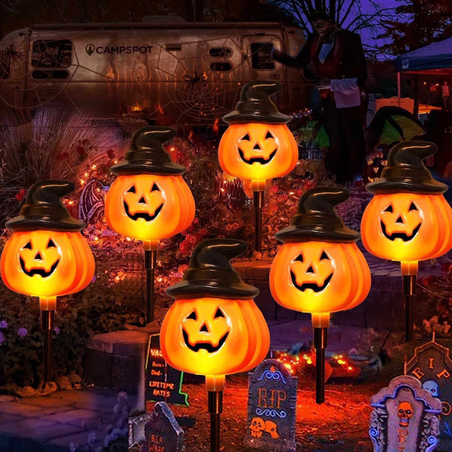 6 Pack Solar Jack O Lantern Stake String Lights – Orange Halloween Pathway Decor for Outdoor Halloween Yard Display
