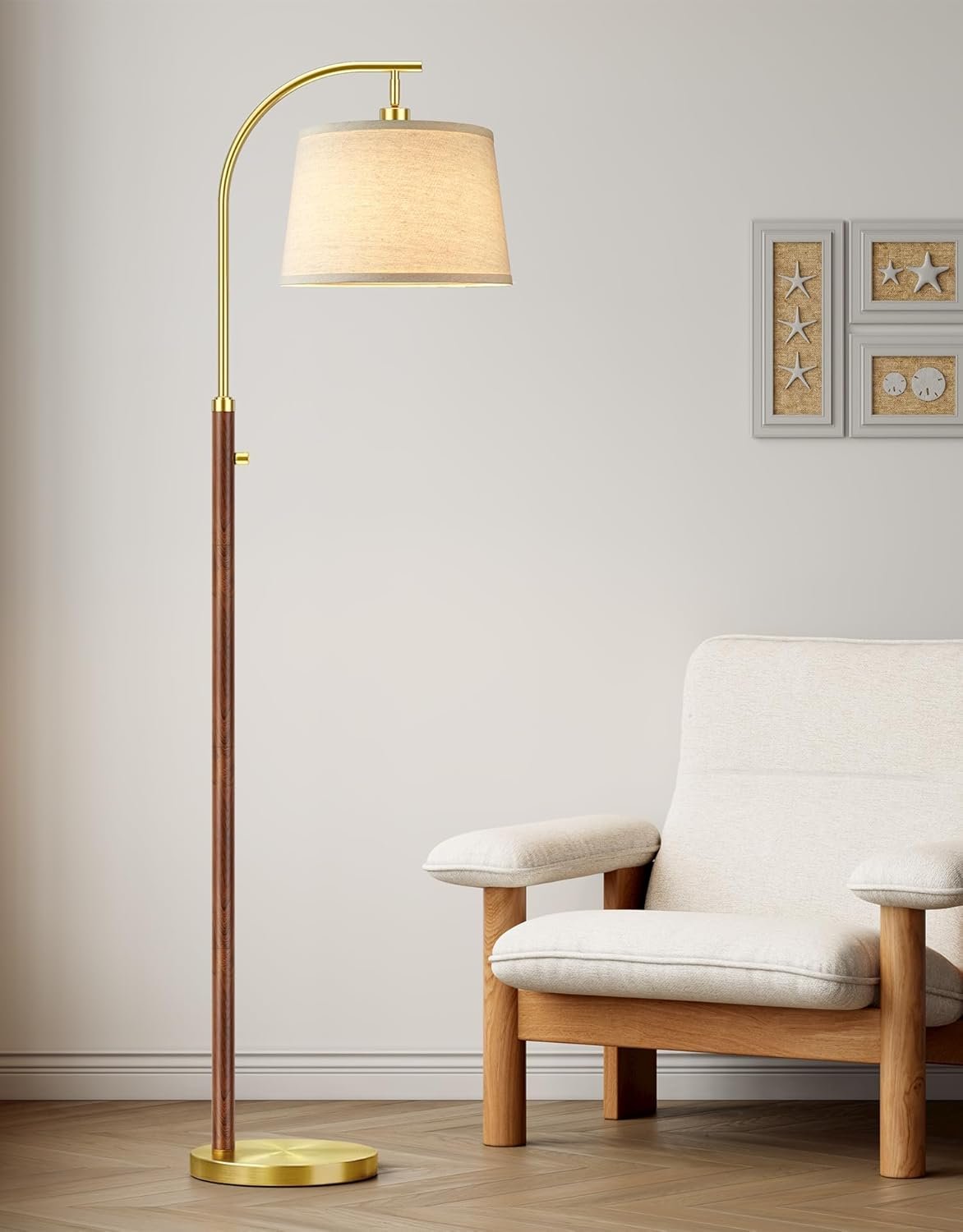 Dimmable Floor Lamp for Living Room, 65″ Tall Metal Standing Lamp with LED Bulb, Mid Century Modern Arc Floor Lamp with Linen Shade for Bedroom, Reading Room, Office & Nursery, Gold and Walnut Color