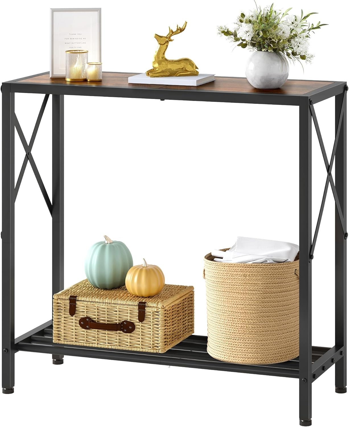 Console Table 28.3”L, 2 Tier Narrow Entryway Table Rustic Brown | Small Hallway Table with X Frame, Thin Sofa Table with Shelves, Console Table for Living Room, Corridor, Hallway, Office