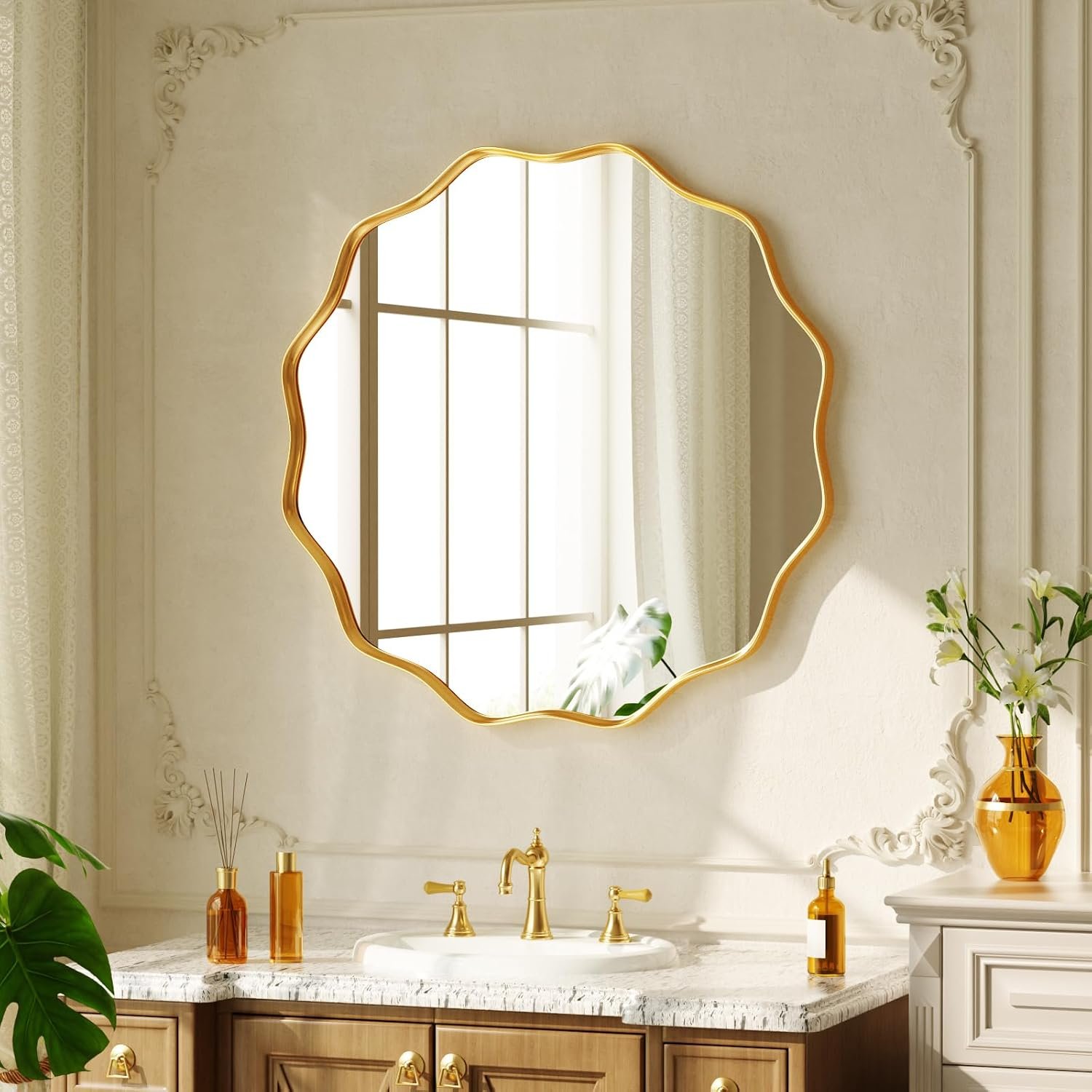 20″ Decorative Scalloped Round Wall Mirror, Wavy Metal Deep Frame, Gold | Circle Mirror Wall Mounted for Bathroom, Bedroom, Entryway, Living Room