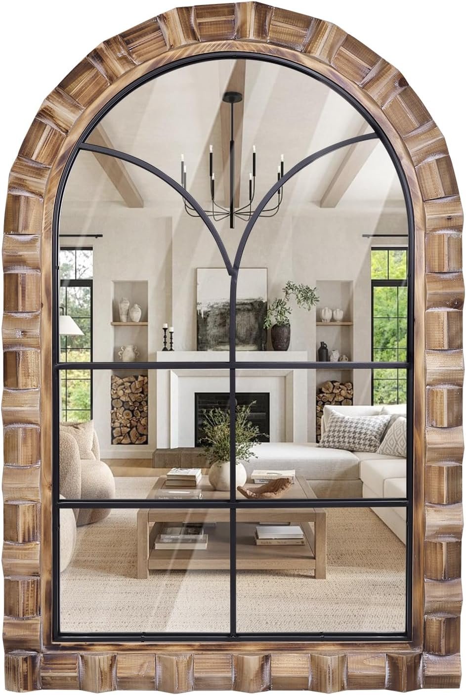 36×24 Inch Arched Window Pane Wall Mirror | Rustic Farmhouse Solid Wood Decorative Mirror for for Living Room, Bedroom, Entryway & Bathroom